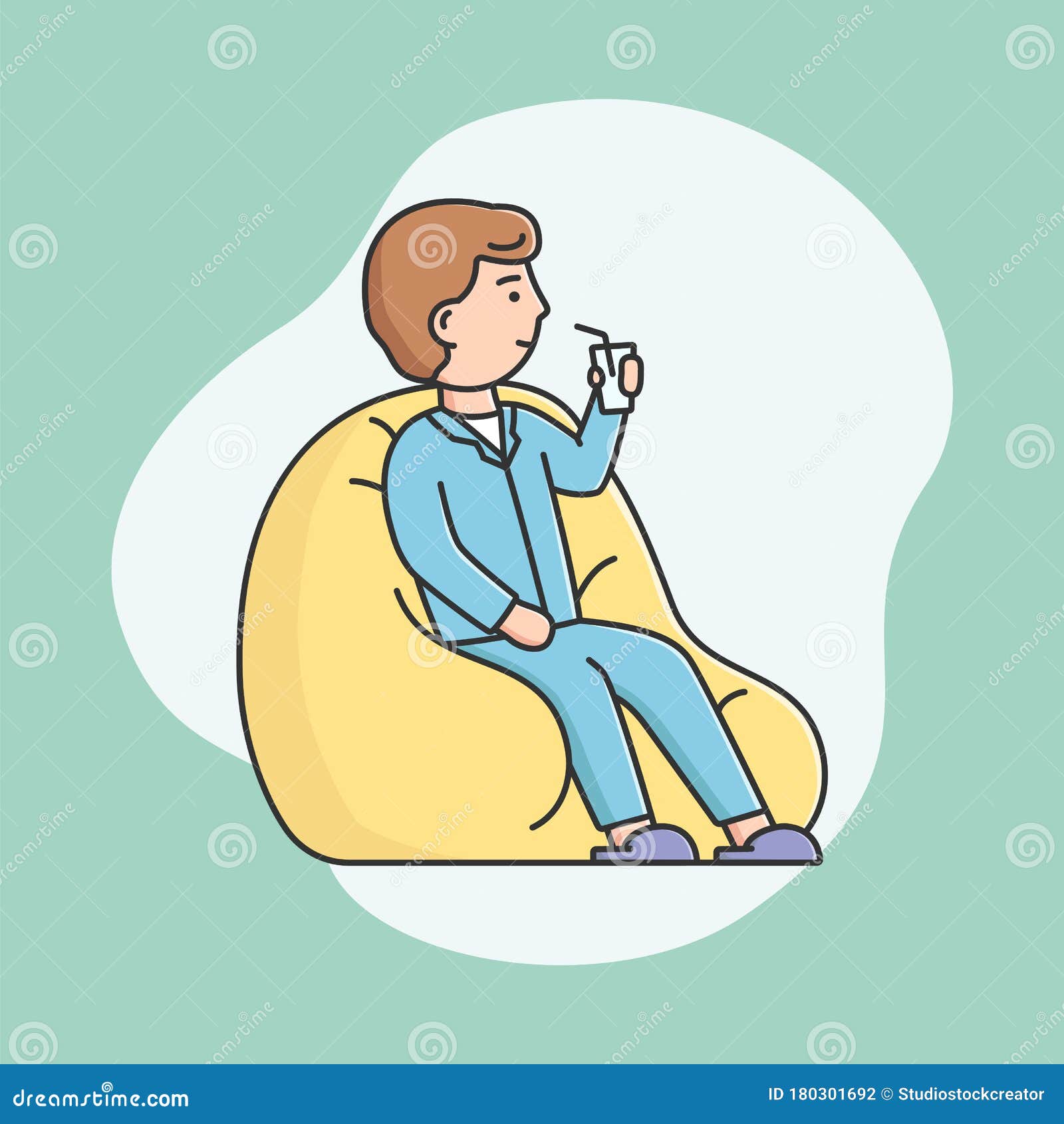Concepto De Fiesta De Pijamas. Un Chico Joven Sentado En Un Taburete Acolchado Y Tomando Un Cóctel. Hombre Sonriente En Pijama Rel del Vector - Ilustración de lineal, adulto: 180301692