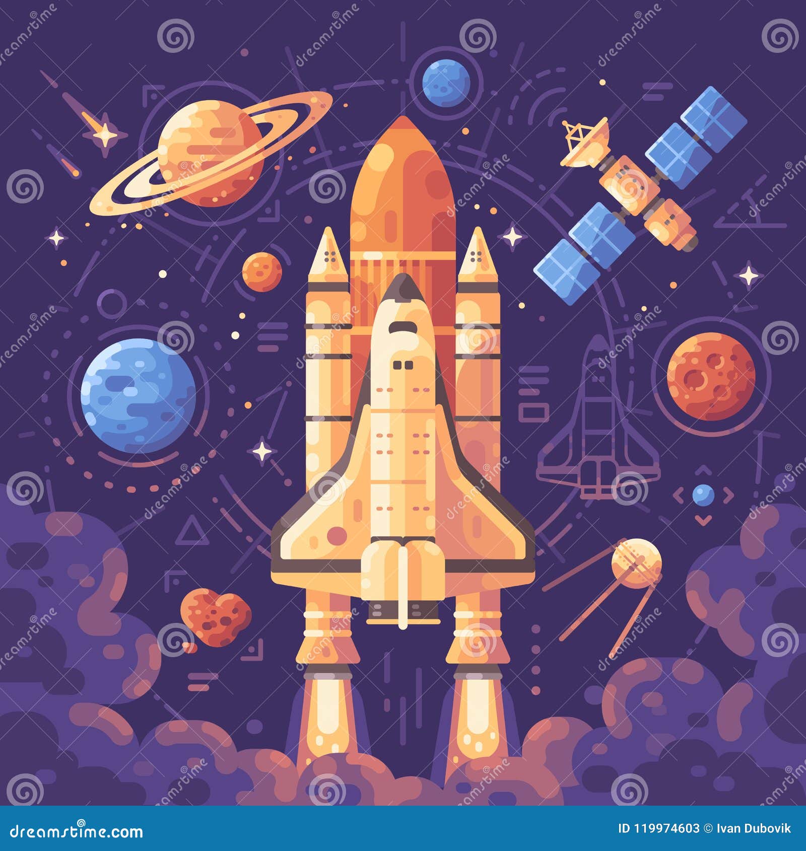 Concepto De Exploración Espacial. Ilustración Plana De Objetos Espaciales  Ilustración del Vector - Ilustración de cohete, planeta: 119974603, image size:1600x1690