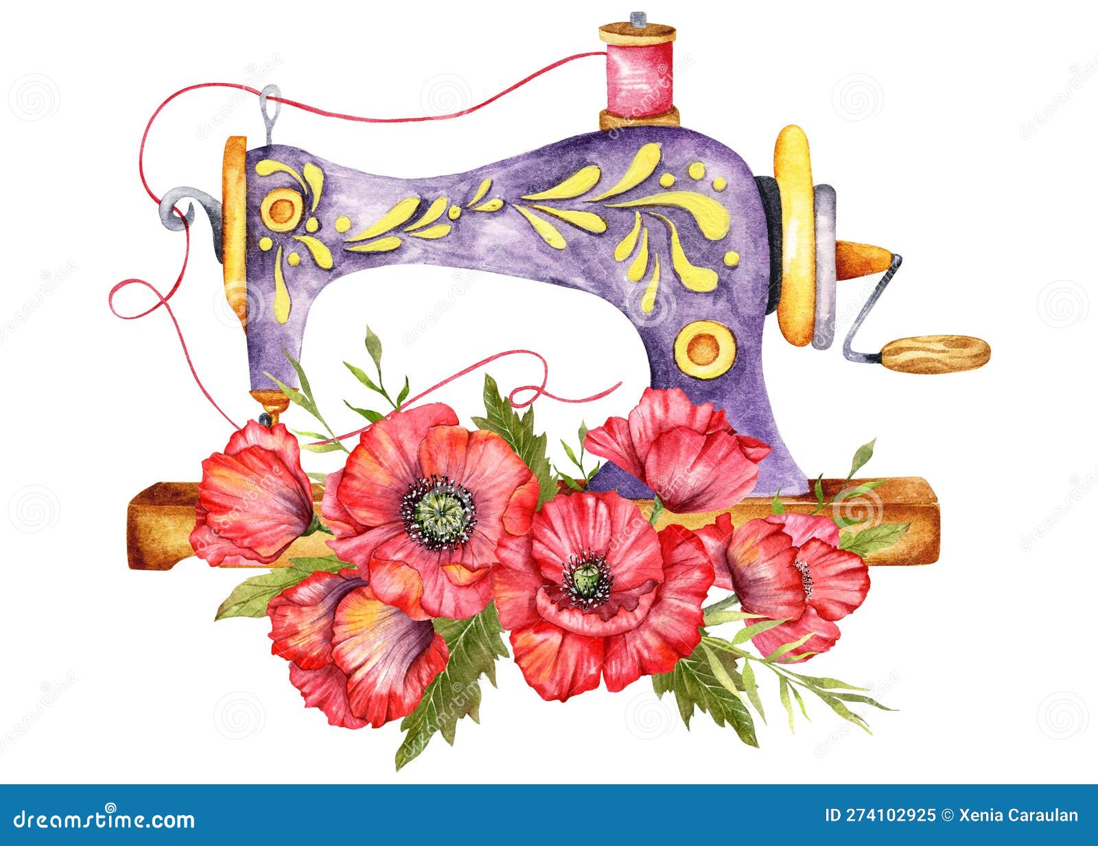 Logo Costura Máquina Coser Vintage Con Corona Floral Ilustración