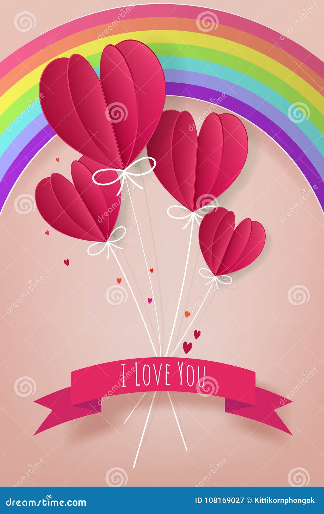 Concepto del amor y de Valentine Day, sha de papel del corazón del globo del aire caliente. Concepto del amor y de Valentine Day, forma de papel del corazón del globo del aire caliente que flota con el texto te quiero en el cielo con el arco iris, estilo del corte del papel Ilustración del vector