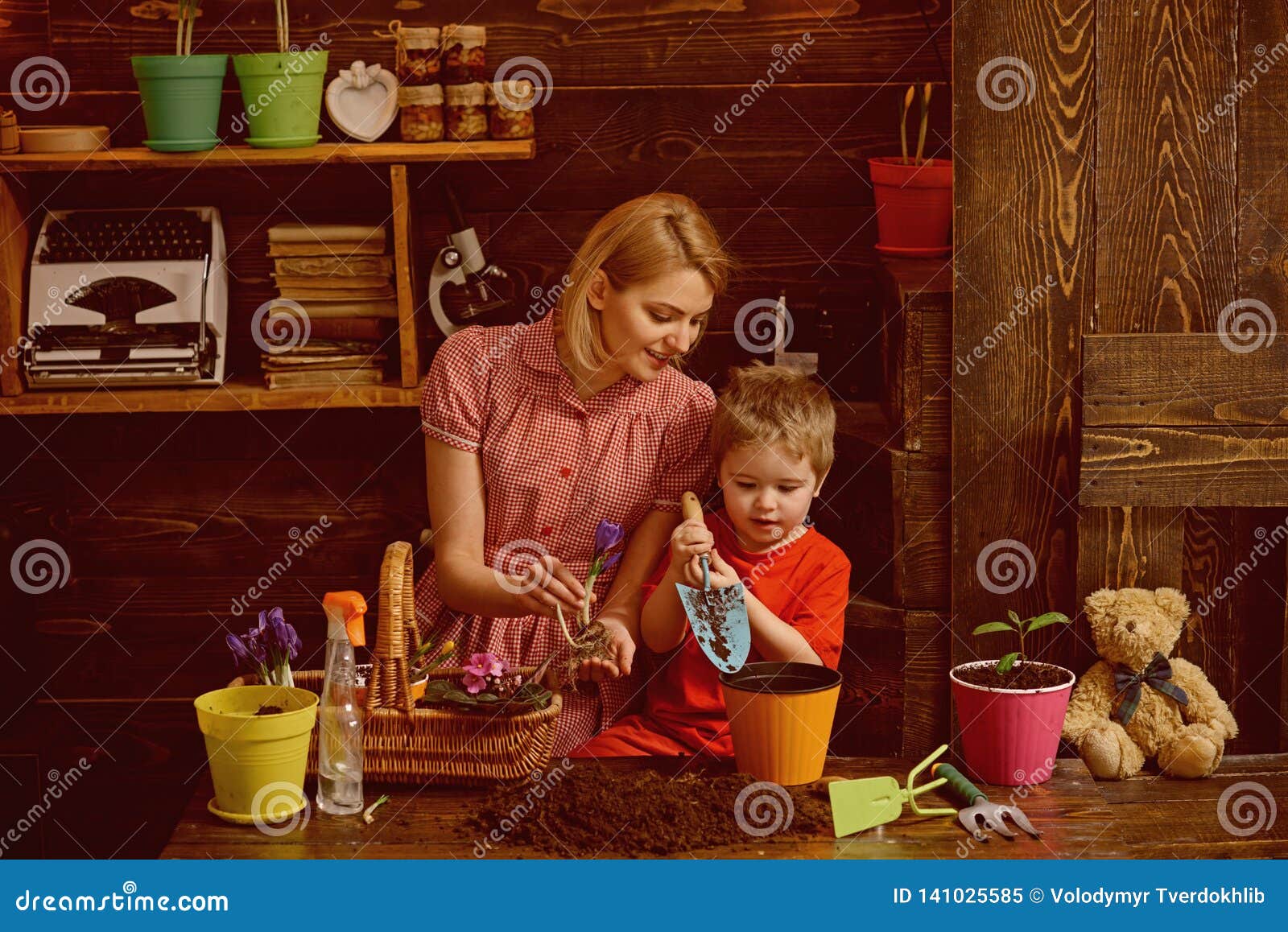 Concepto del cuidado Madre de la ayuda del pequeño niño a cuidar para las plantas Flores de la planta de la madre y del hijo con cuidado Tomar el cuidado de plantas Recolecte las semillas del amor