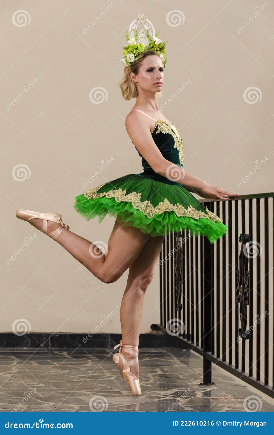 Conceptos De Coreografía. Bailarina De Ballet Caucásica Con De Tutu Verde Y Corona De Flores Posando En Una Pose Foto de archivo - Imagen de contraste, calle: 222610216