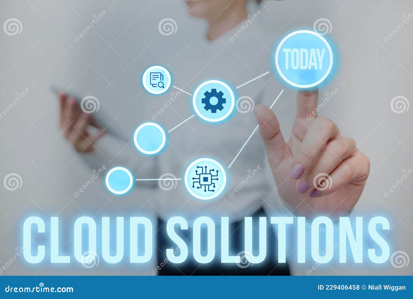 conceptual caption cloud solutions. word for ondemand services or resources accessed via the internet lady holding
