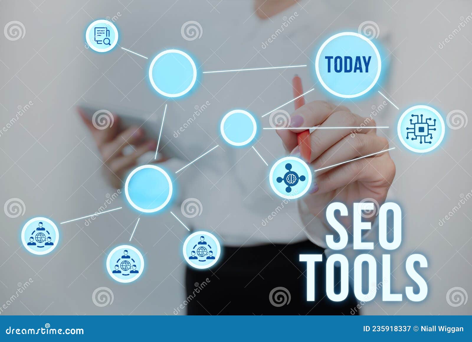 conceptual caption seo tools. word for process of affecting online visibility of website or page lady in uniform
