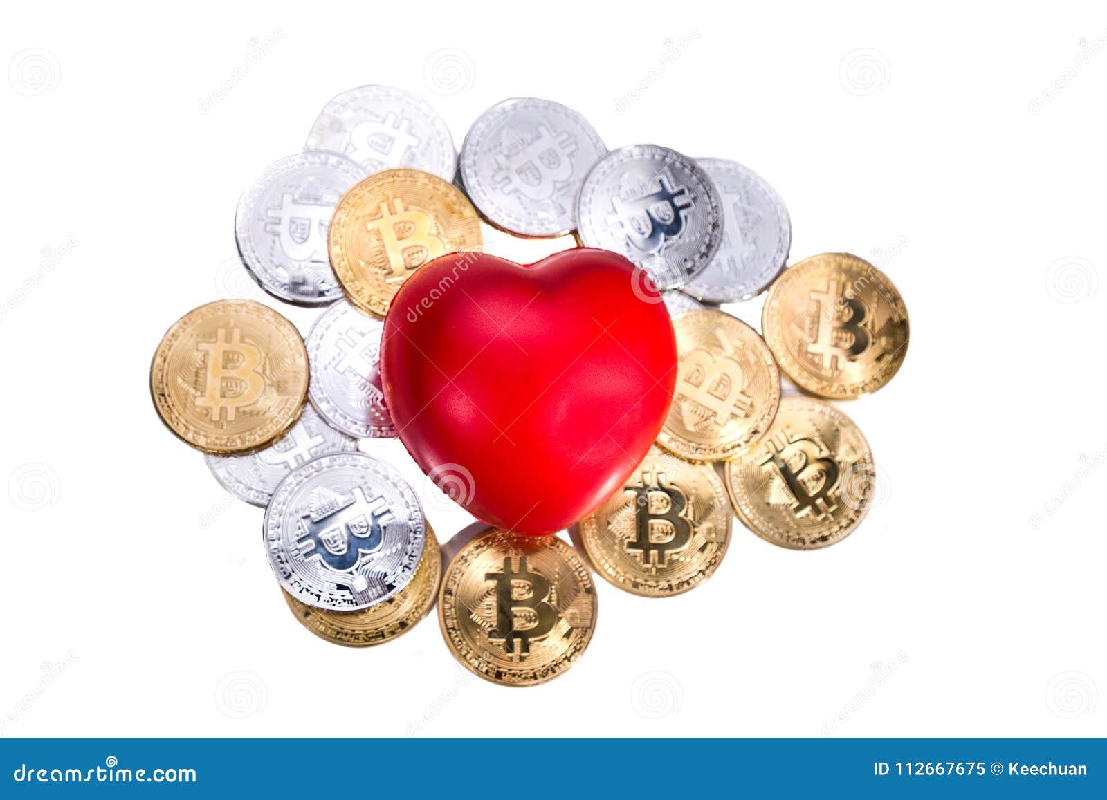 conceptual cryptocurrency bitcoin with red heart denoting love o