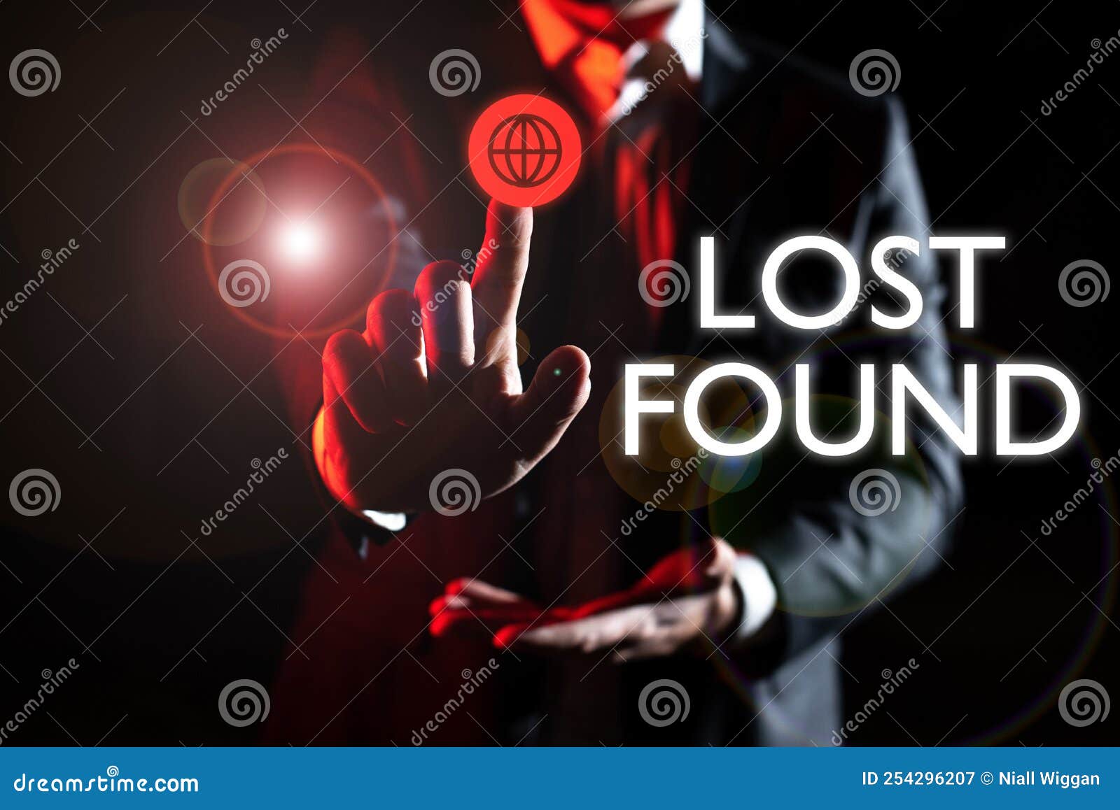 sign displaying lost found. concept meaning things that are left behind and may retrieve to the owner businessman pointing