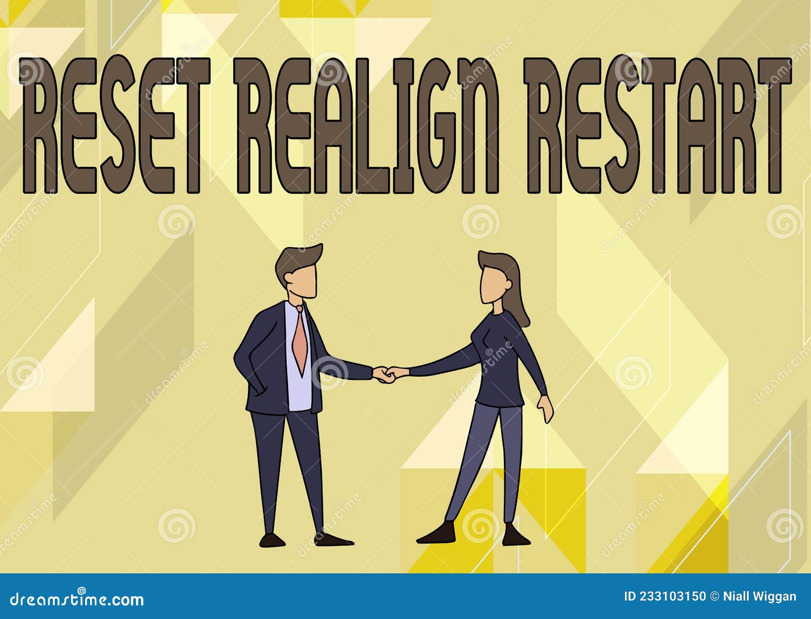  Two businesspeople shaking hands with the text 'RESET REALIGN RESTART' above them.