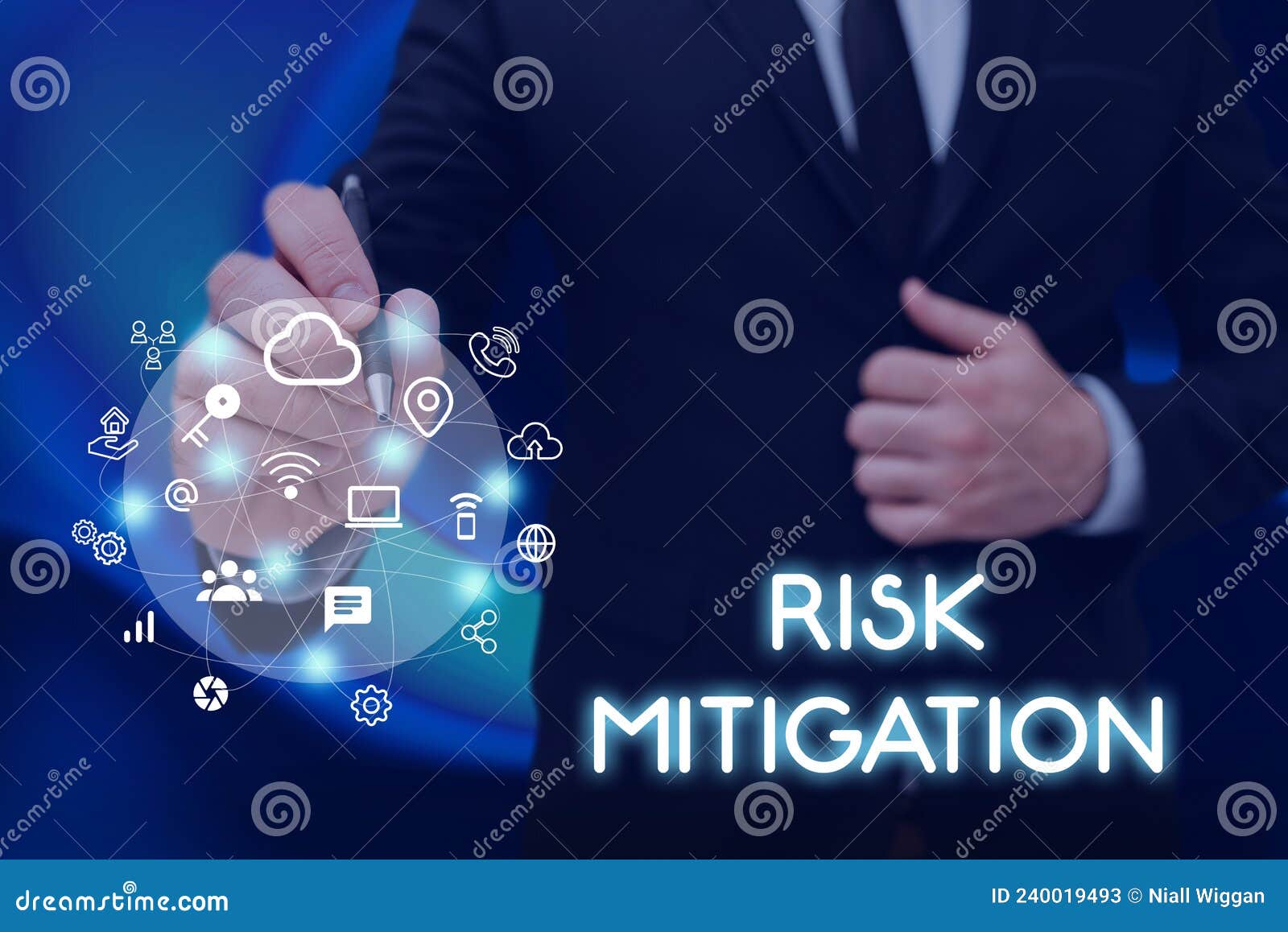 conceptual display risk mitigation. business showcase strategy to prepare for and lessen the effects of threats man