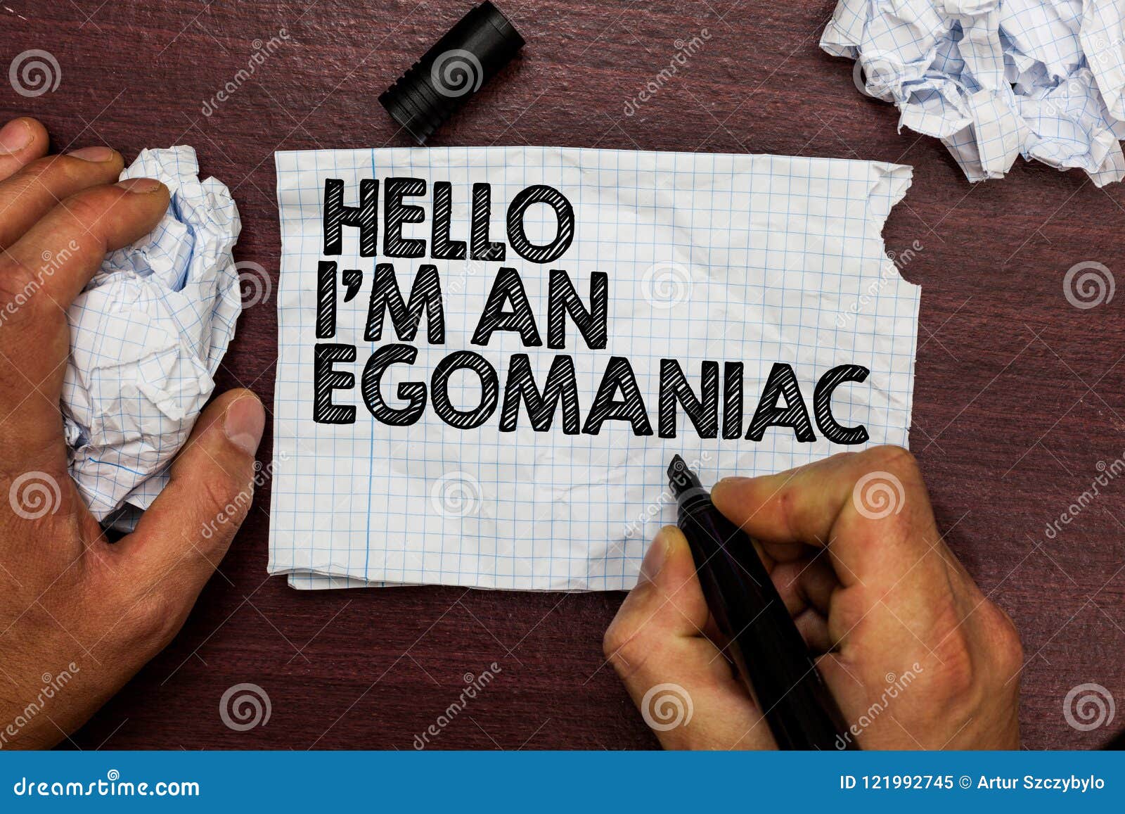 conceptual hand writing showing hello i am an egomaniac. business photo text selfish egocentric narcissist self-centered ego hand