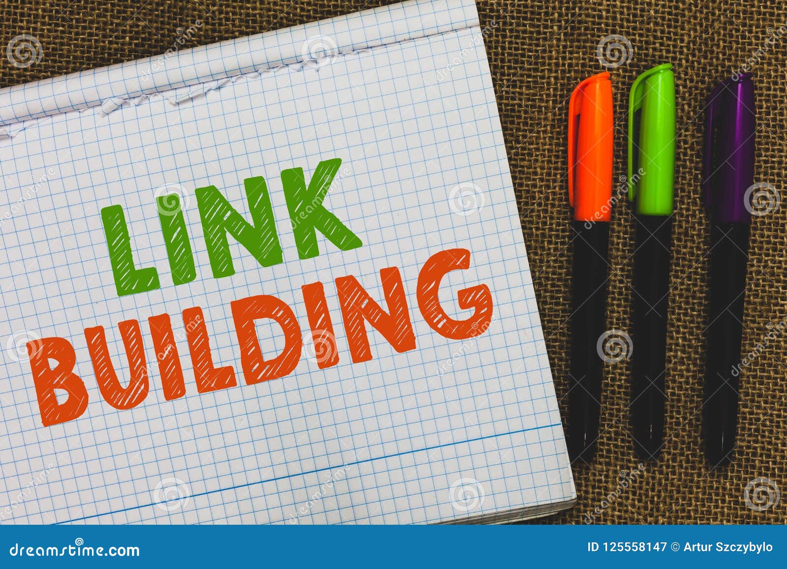 conceptual hand writing showing link building. business photo text seo term exchange links acquire hyperlinks indexed open noteboo