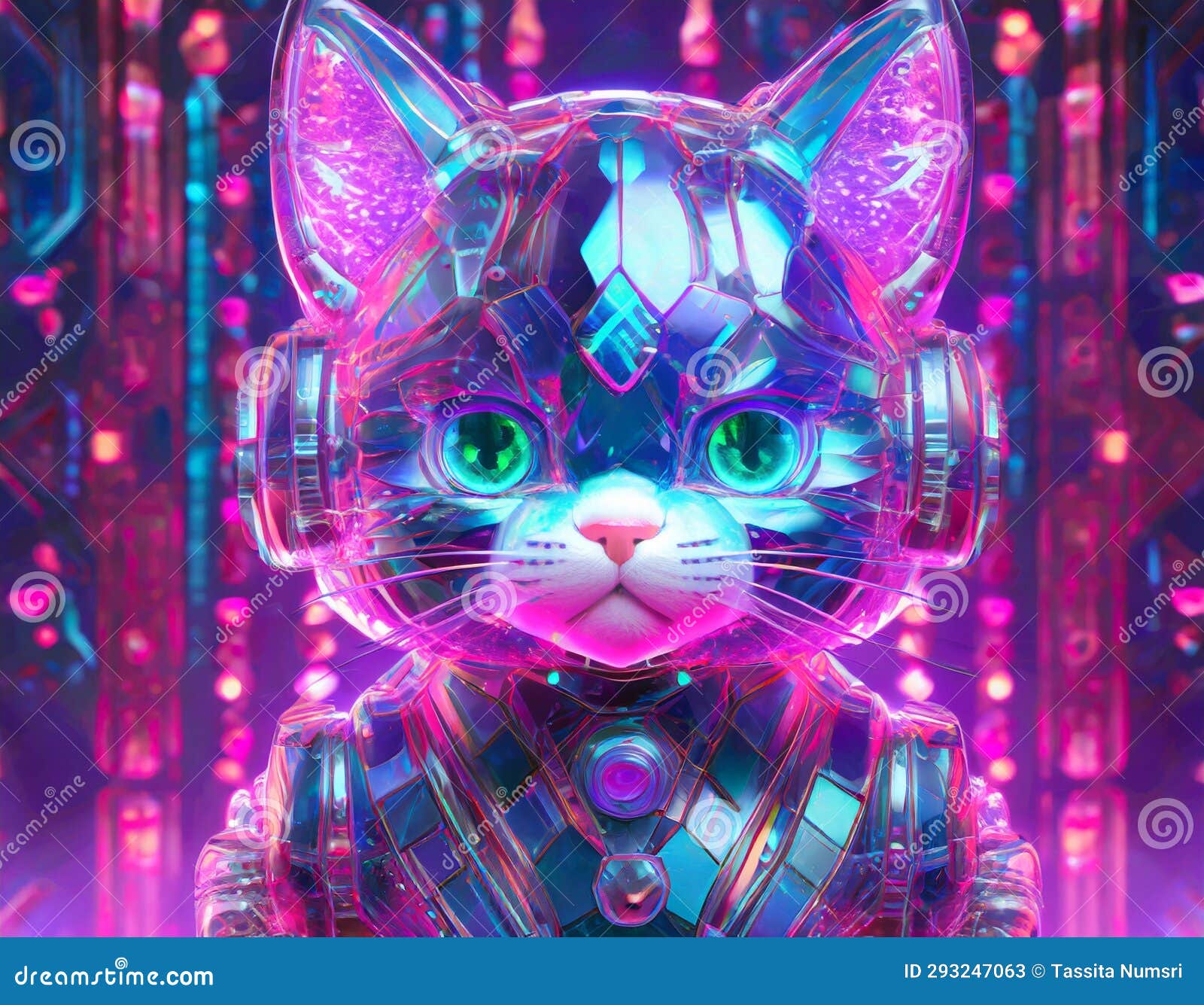 conceptual head kitten kawai-d application icon, 3d rendering, frosted glass texture, futuristic style, translucent