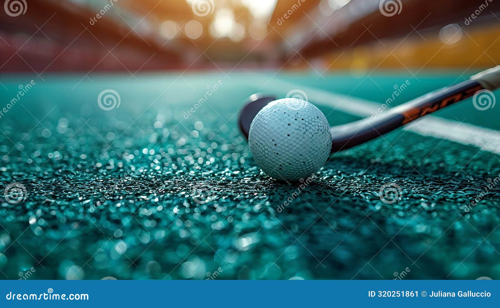 conceptual image of a close up of a field hockey stick maneuvering a ball in the grass