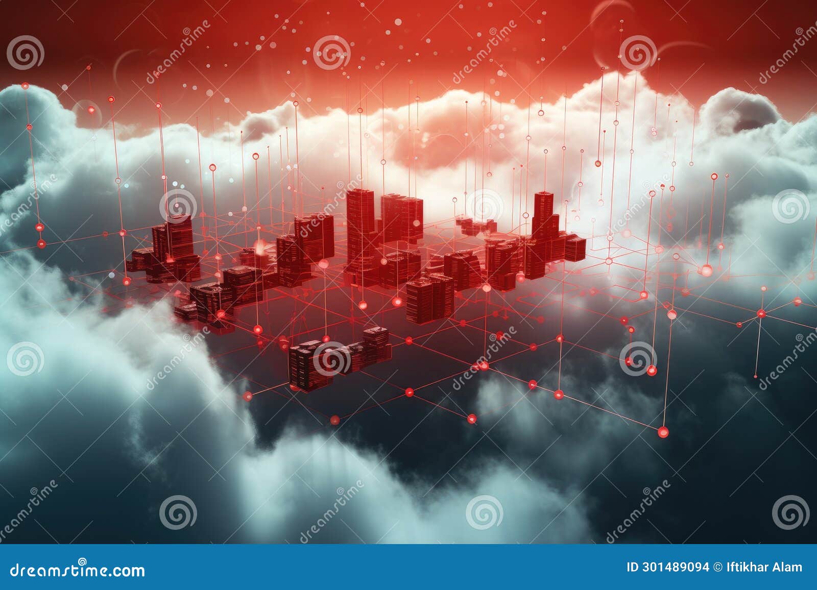 conceptual image of cloud computing with cityscape on the horizon, datos en la nube y red, concepto de ciencia y tecnologÃÂ­a, ai