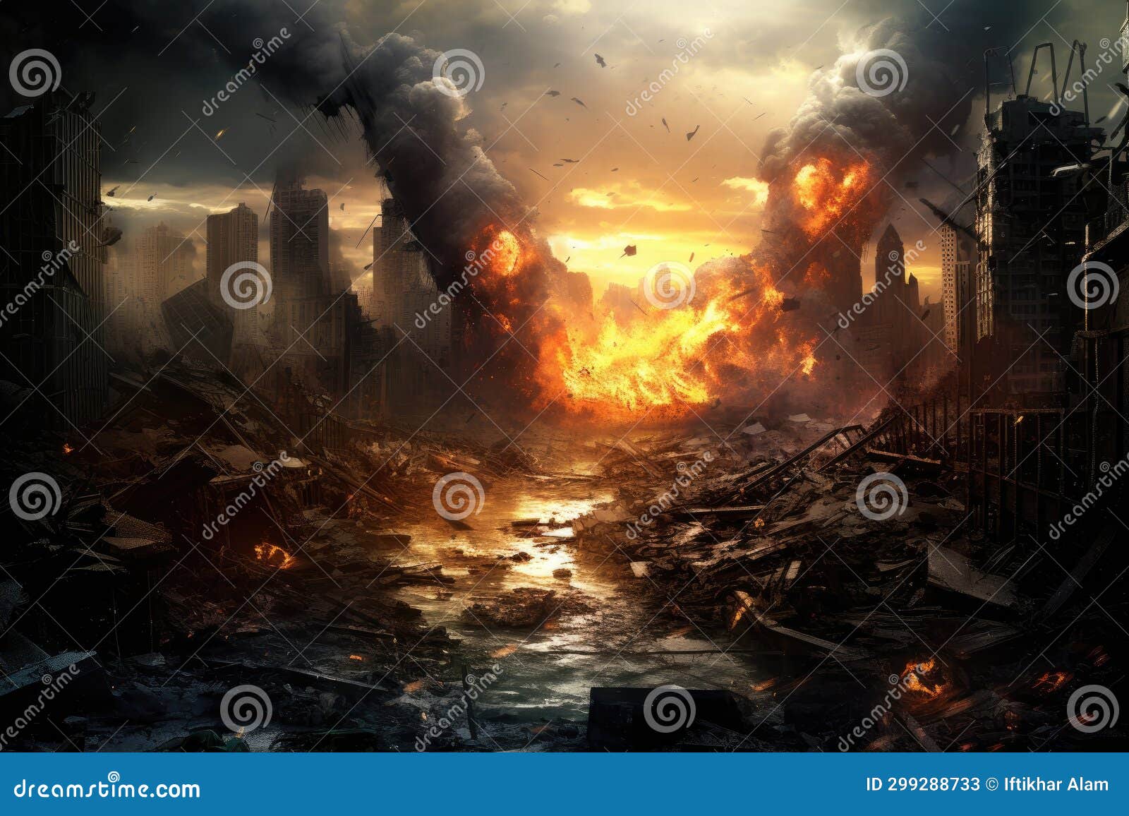 conceptual image of disaster with burnt buildings and urban landscape, world collapse, doomsday scene, digital painting, ai