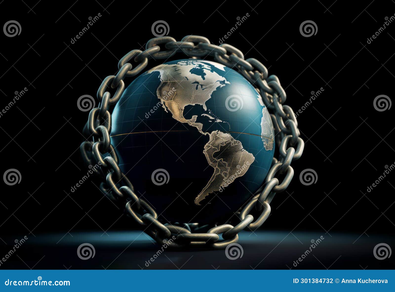 conceptual image of the earth encircled by a chain, izing environmental issues or geopolitical constraints, on dark backdrop