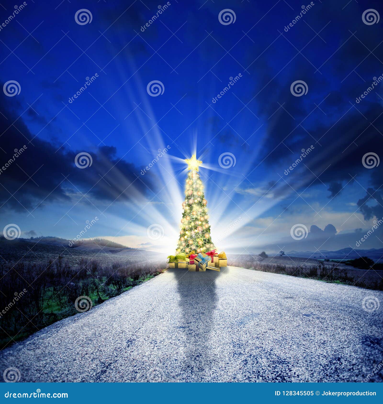 Conceptual Image of Road and Decorated Shiny Christmas Tree Over Stock