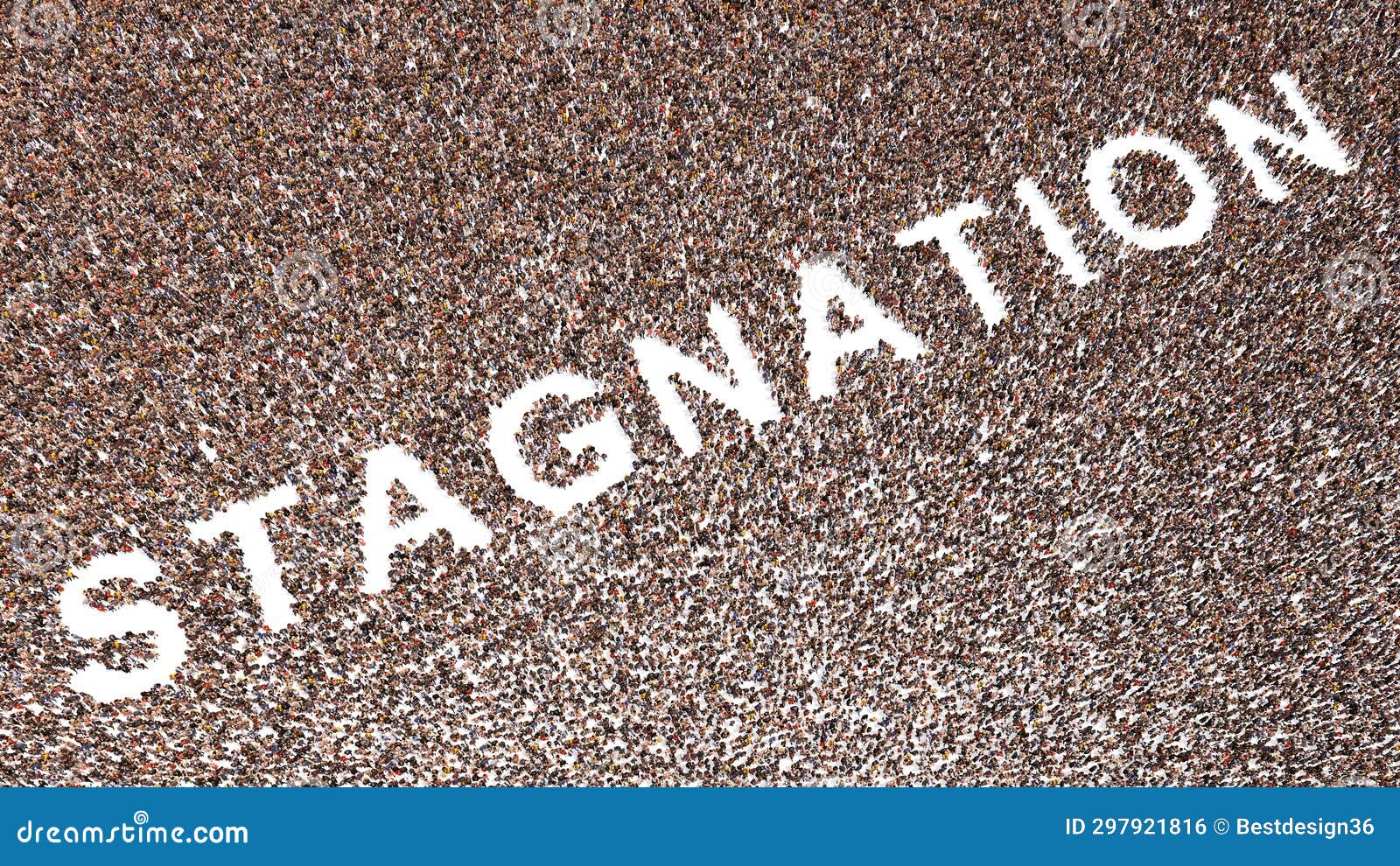 conceptual large community of people forming the word stagnation. 3d  metaphor for declining economiy