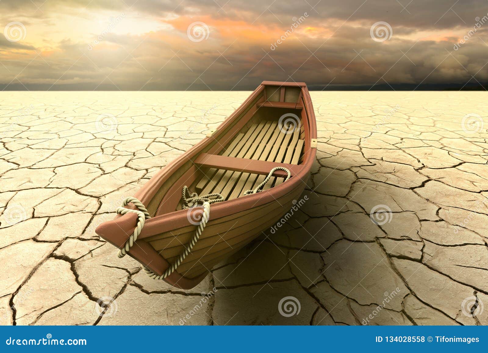 conceptual representation of a drought with a boat on a dry lake