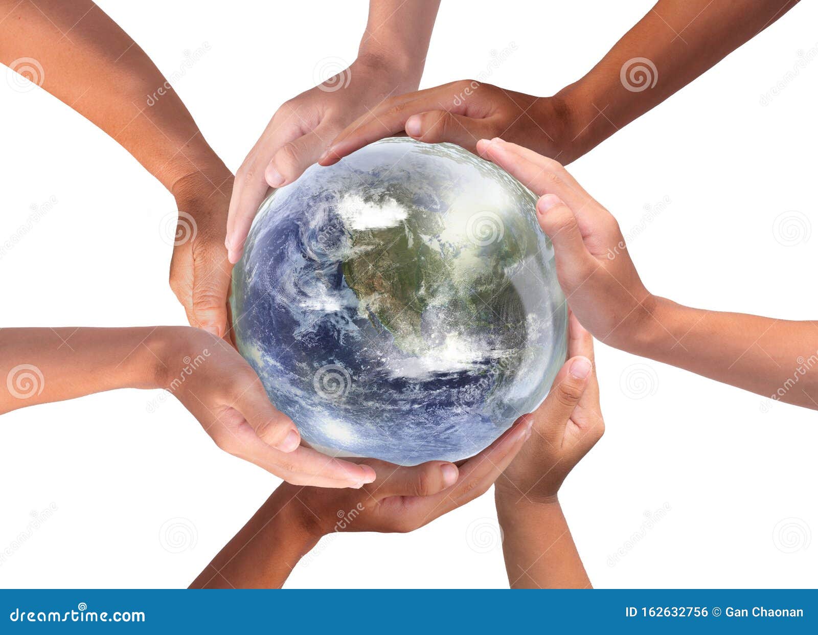 conceptual  of multiracial human hands surrounding the earth globe. unity, world peace, humanity concept