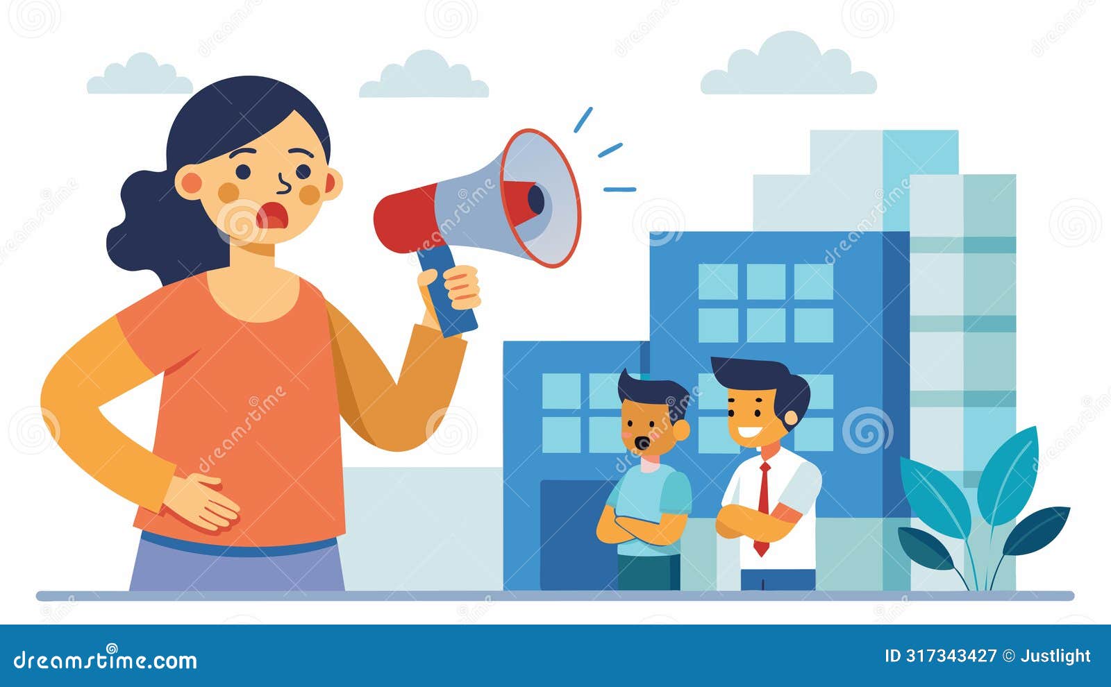 a concerned parent standing outside of a hospital using a megaphone to spread exaggerated claims about a supposed