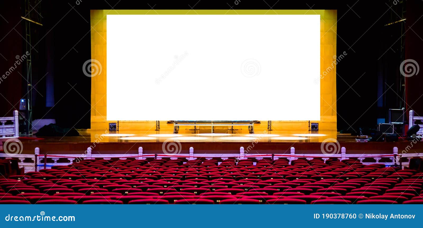 Download Concert Or Performance Hall. Red Seats Armchairs And The Stage Before Concert With Blank White ...