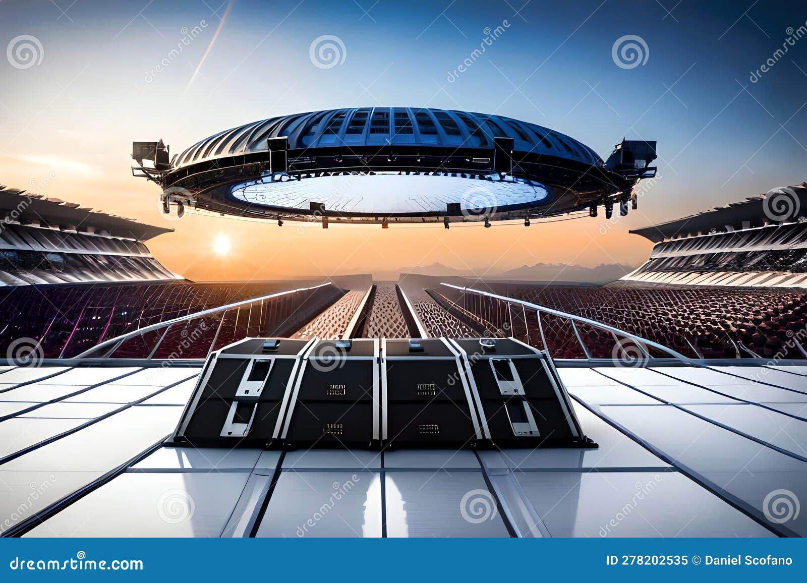 Concert Stage with Power Sound System and Lights. Generative AI Stock