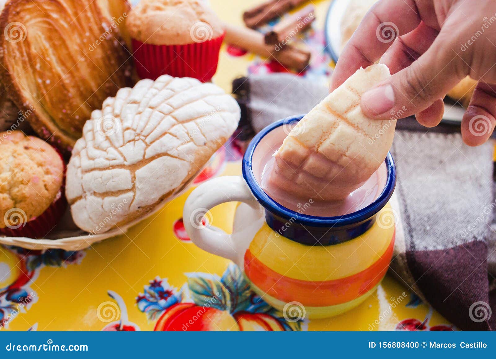 Concha and Chocolate, Mexican Sweet Bread and Atole Beverage in Mexico