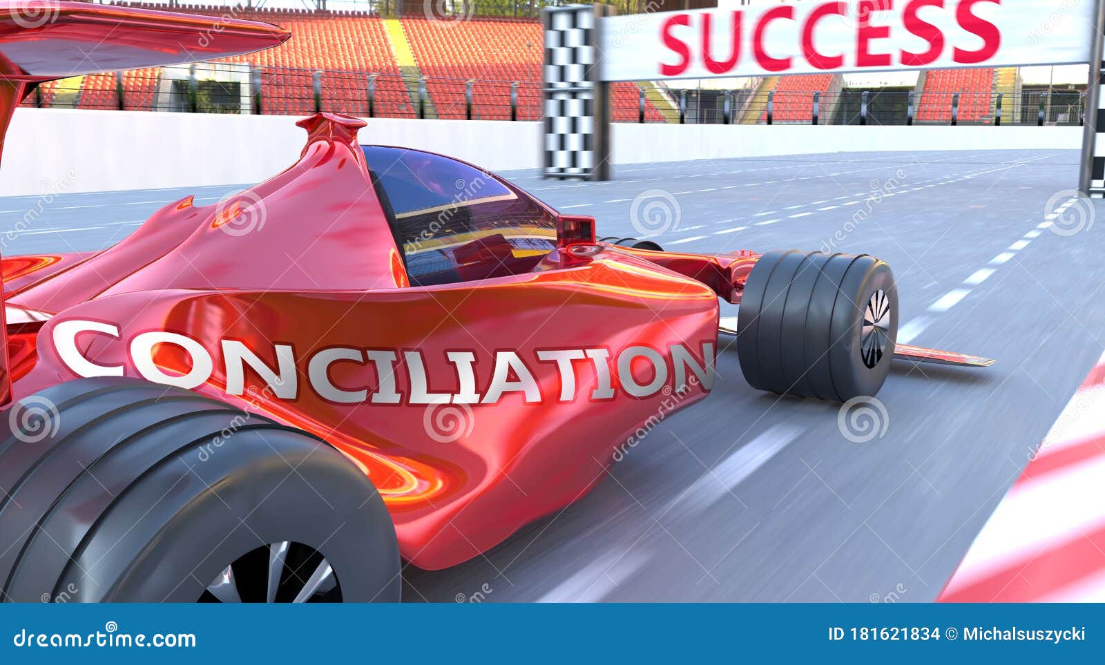 conciliation and success - pictured as word conciliation and a f1 car, to ize that conciliation can help achieving success