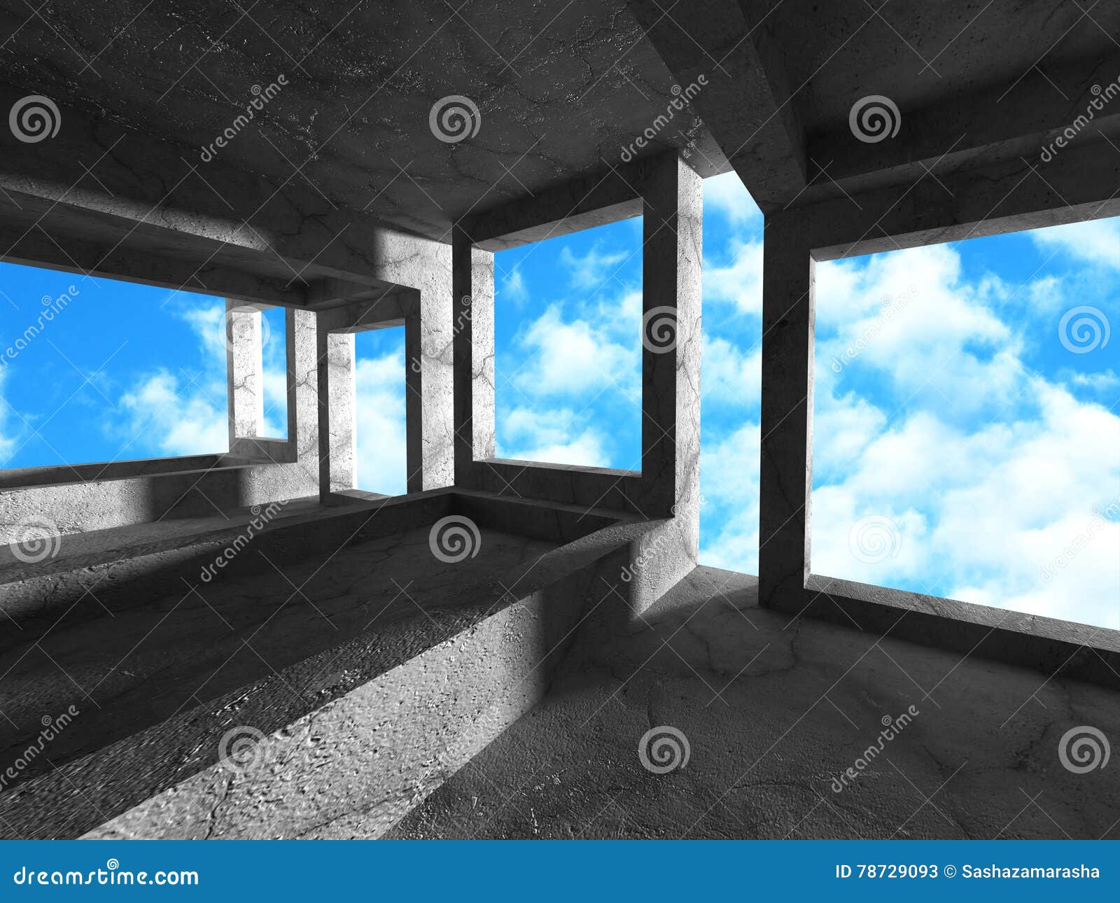 Concrete abstract architecture on cloudy sky background. 3d render illustration