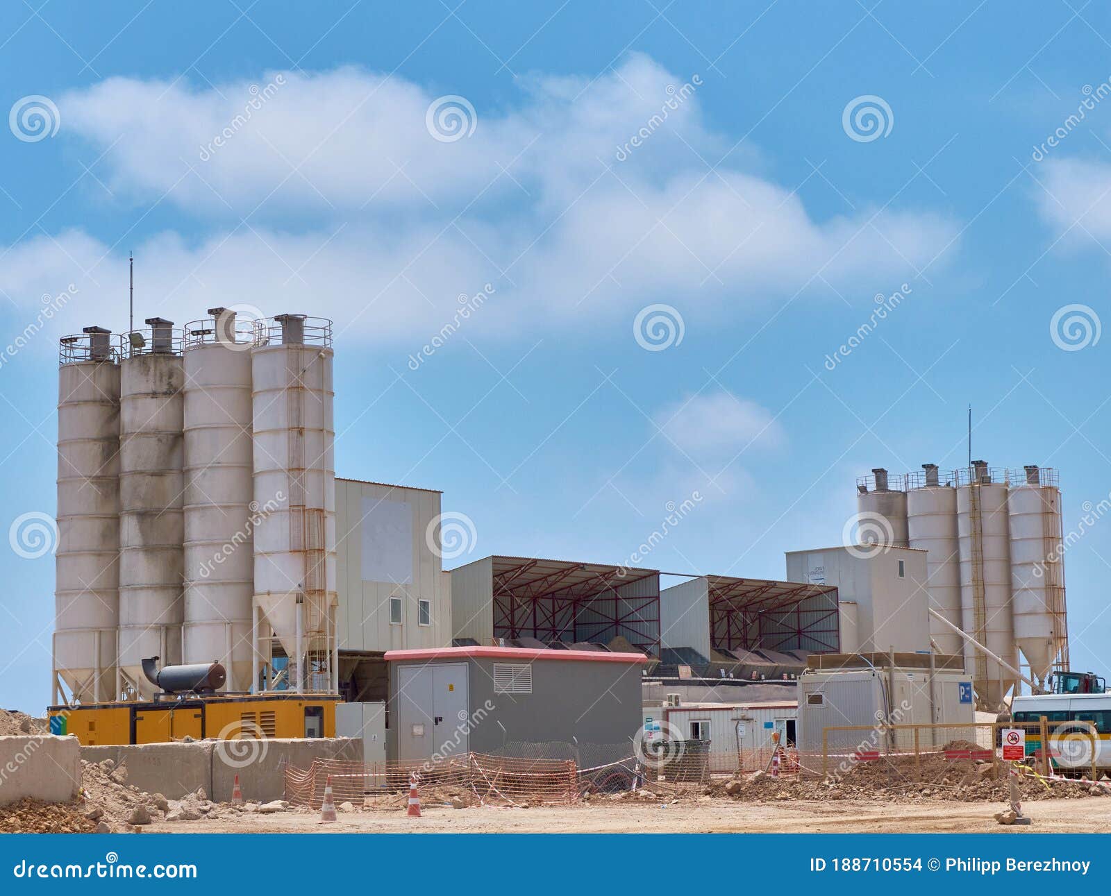 Concrete Batching Plant Silos on the Construction Site Stock Photo