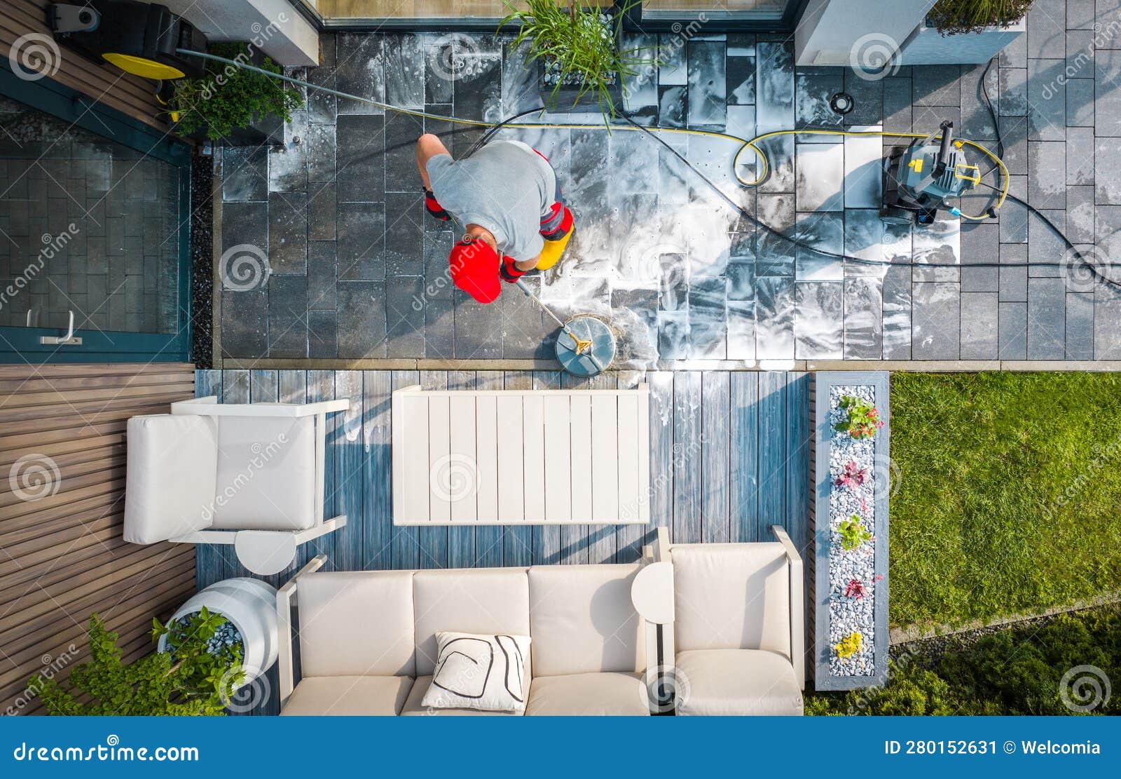 Concrete Bricks Patio Pressure Washing Using Surface Attachment and