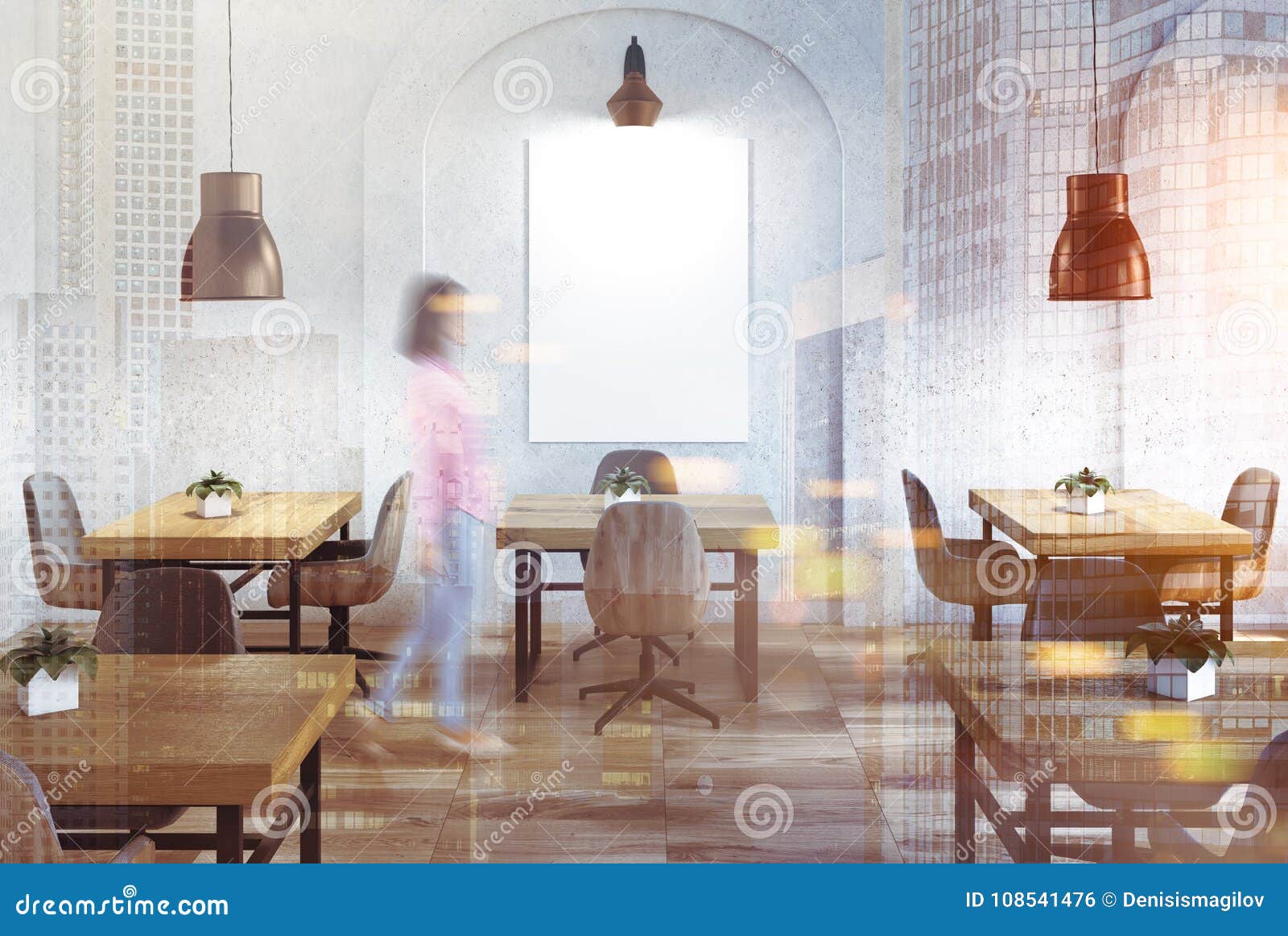 Concrete Cafe, Wooden Tables, Poster Blur Stock Illustration