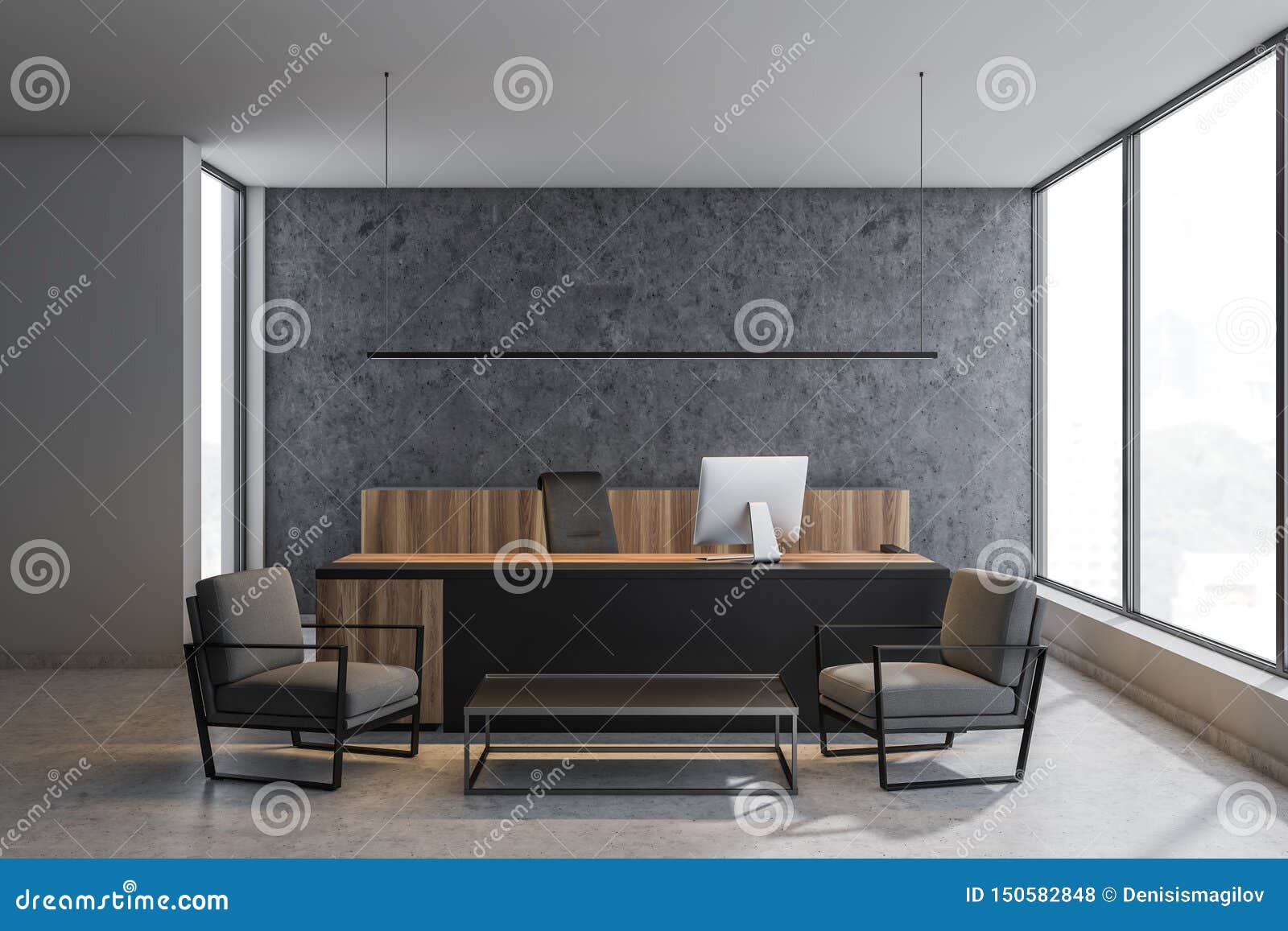 Concrete Ceo Office Interior With Gray Armchairs Stock