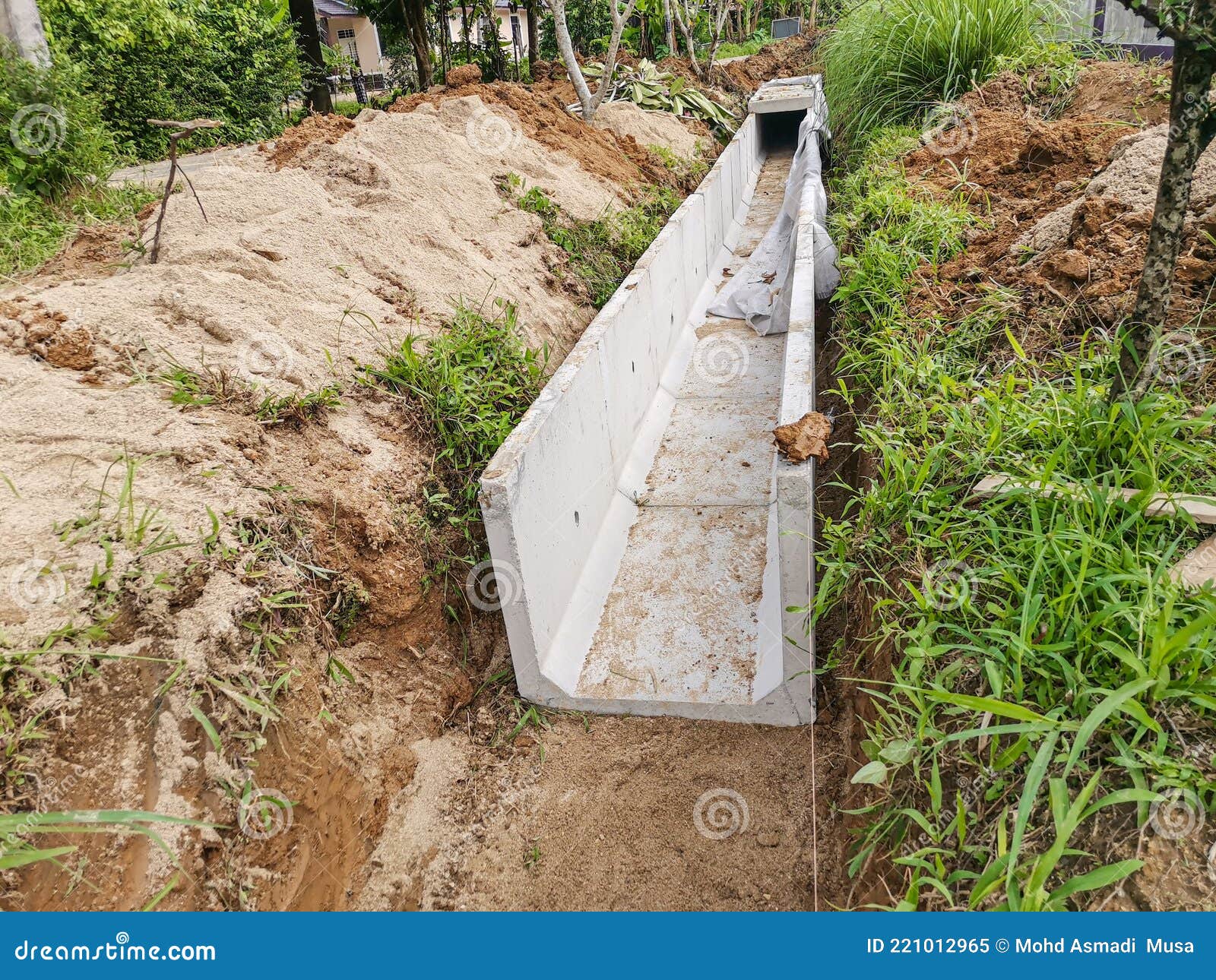 Concrete Drain Installation Work for Local Facilities Stock Image
