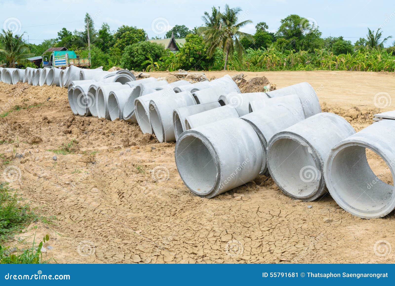 Concrete Drainage Pipes Stacked for Construction, Irrigation, in Stock