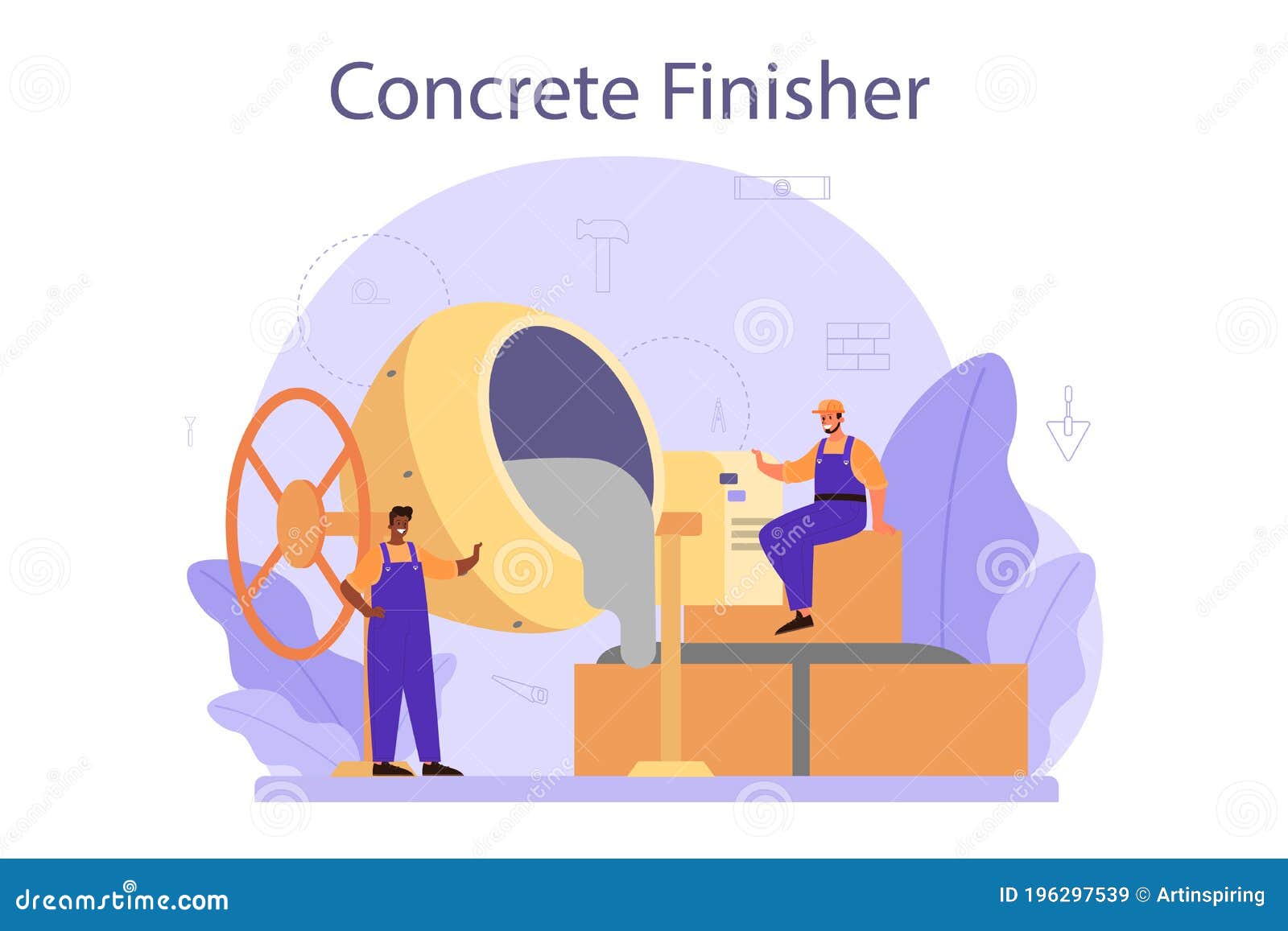 Concrete Finisher Builder. Professional Worker Preparing Concrete Stock