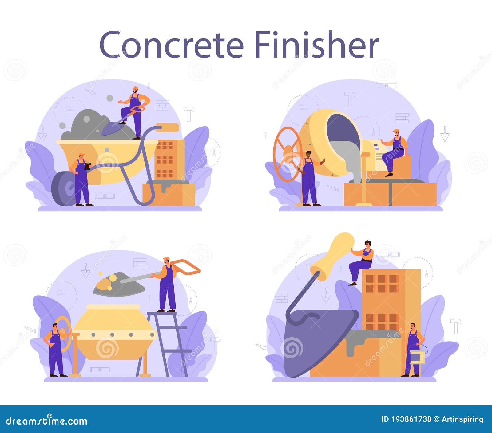 Concrete Finisher Builder Set. Professional Worker Preparing Stock