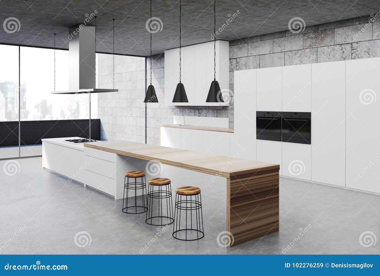 Concrete Kitchen Interior White Cabinets Corner Stock