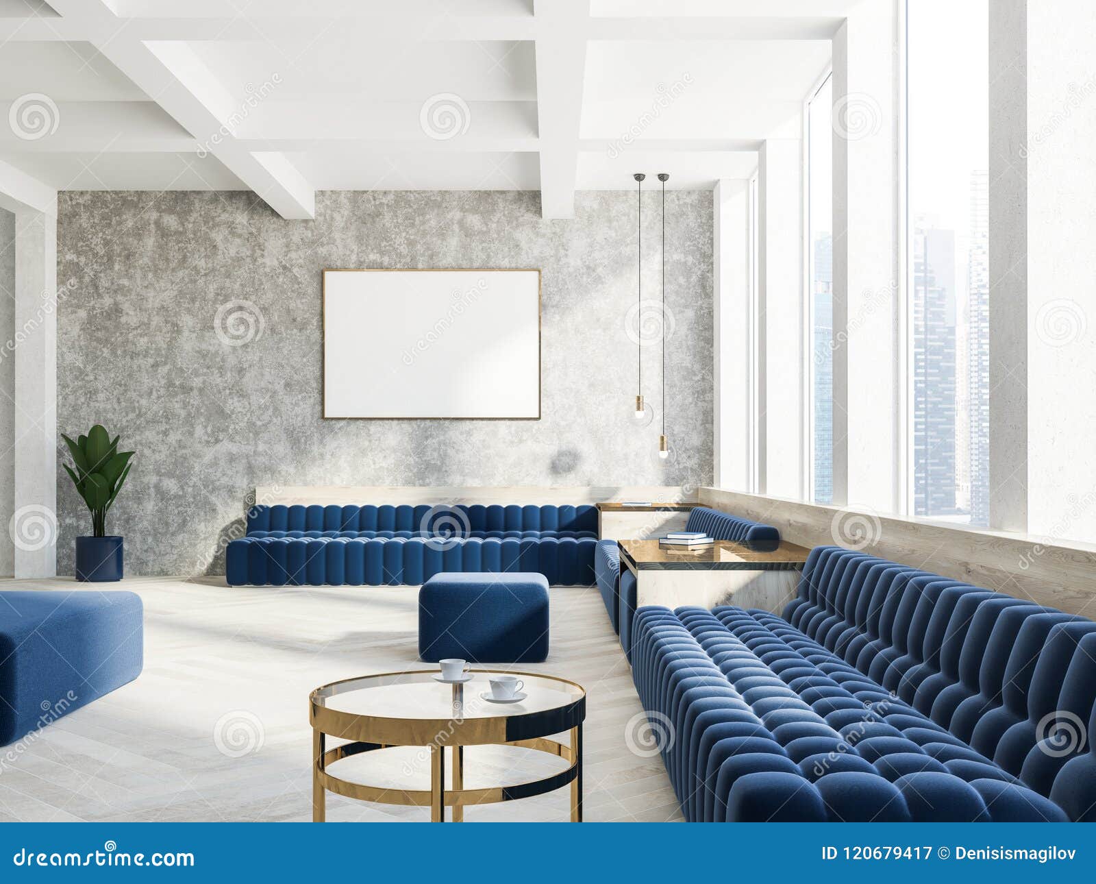 Concrete Living Room Interior Blue Coaches, Poster Stock Illustration -  Illustration of architecture, mockup: 120679417