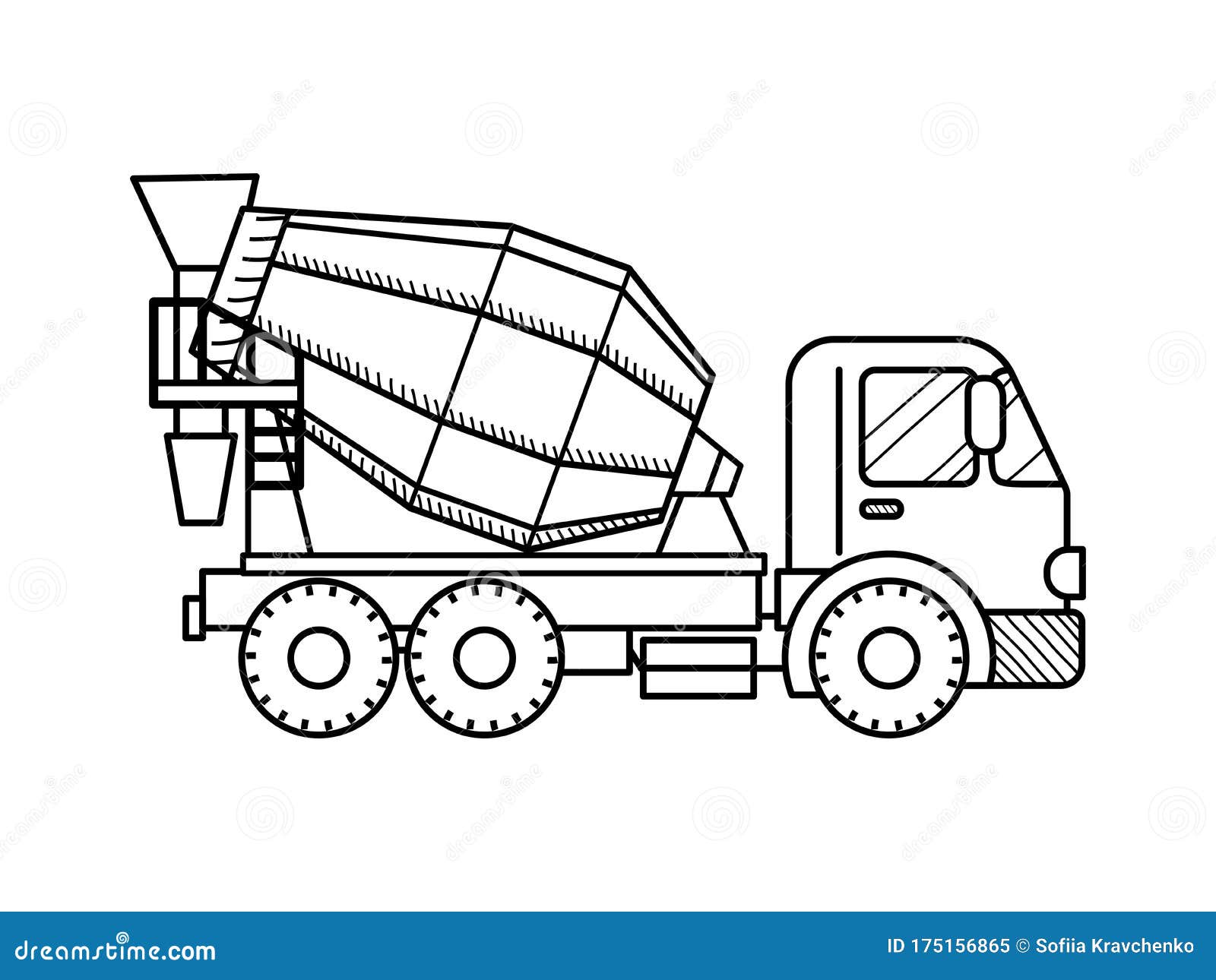 Concrete Mixer Truck. Black and White. Construction Machinery Stock