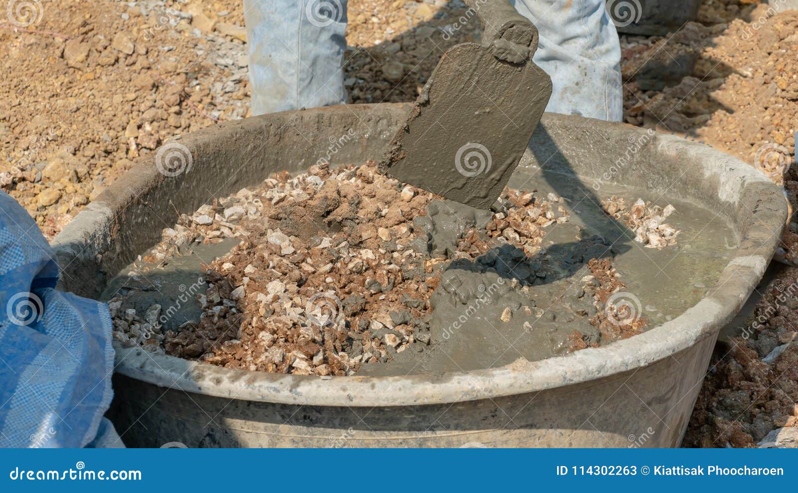 Concrete Mixing Step of Sand Cement and Water by Construction in