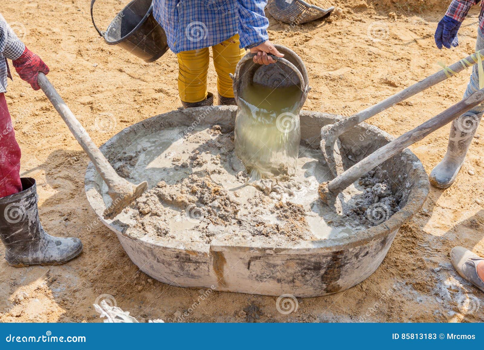 Concrete Mixing Step of Sand, Cement and Water by Construction W Stock