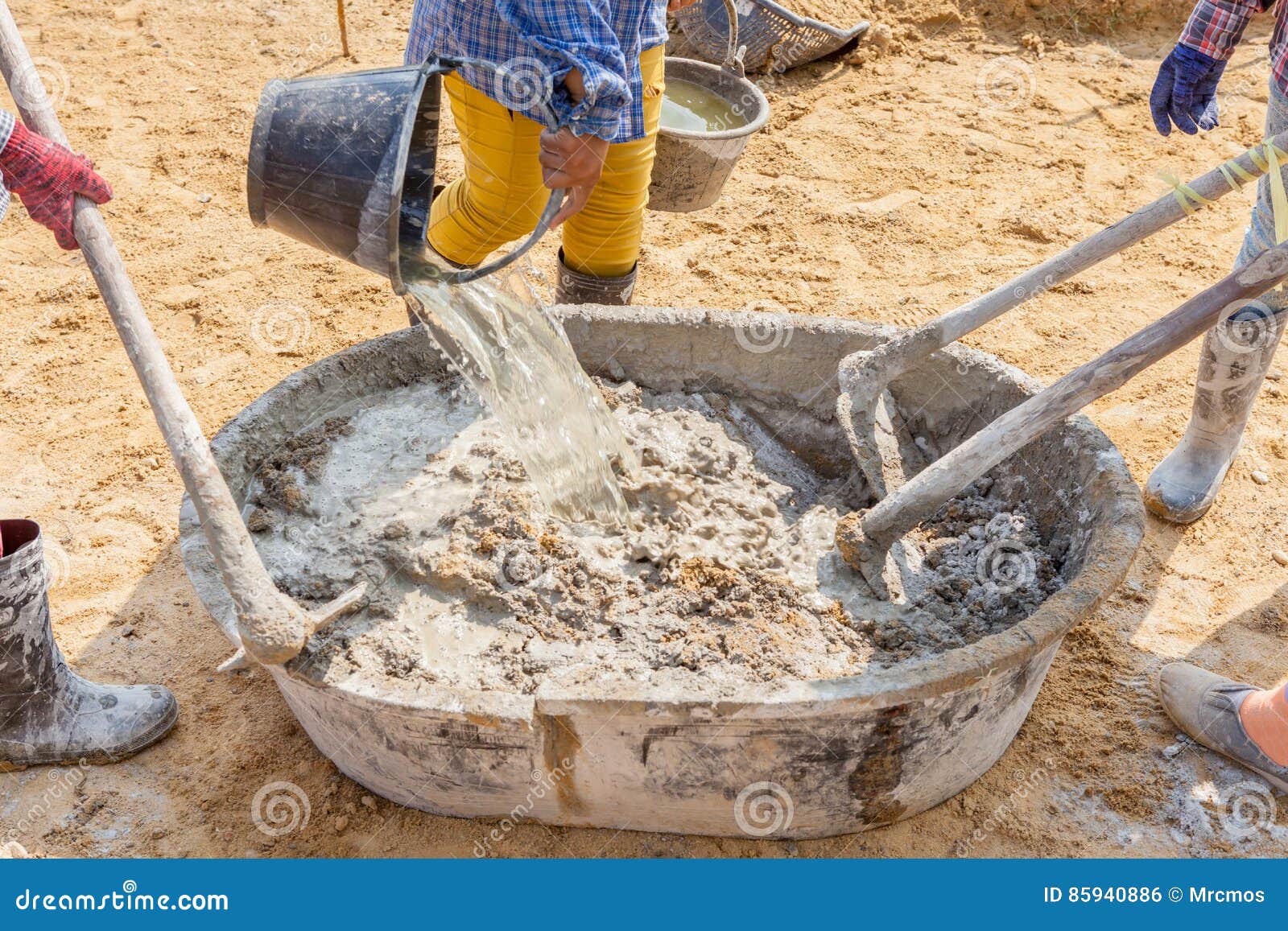 Concrete Mixing Step Of Sand, Cement And Water By Construction W Stock