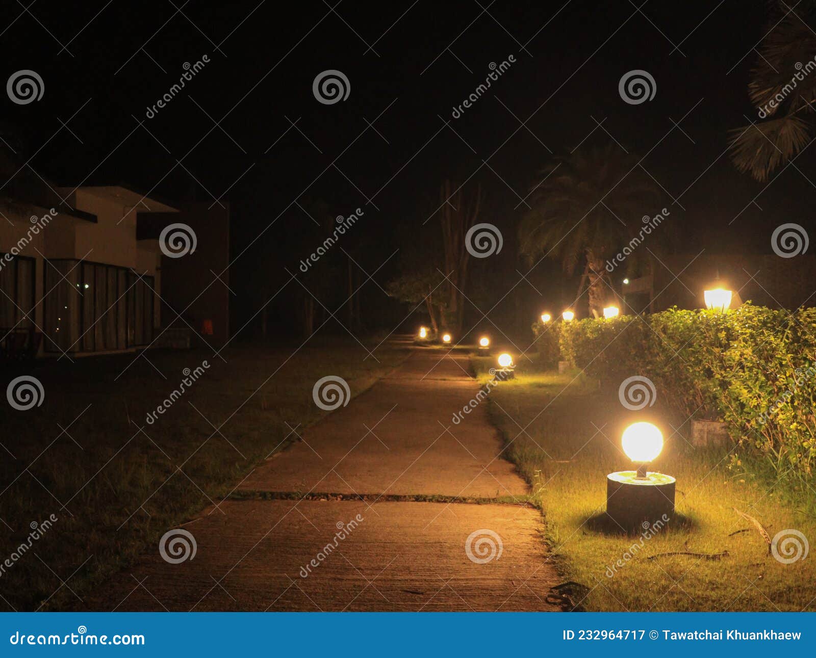 The Concrete Walkway is Lit Up at Night Stock Image Image of dark