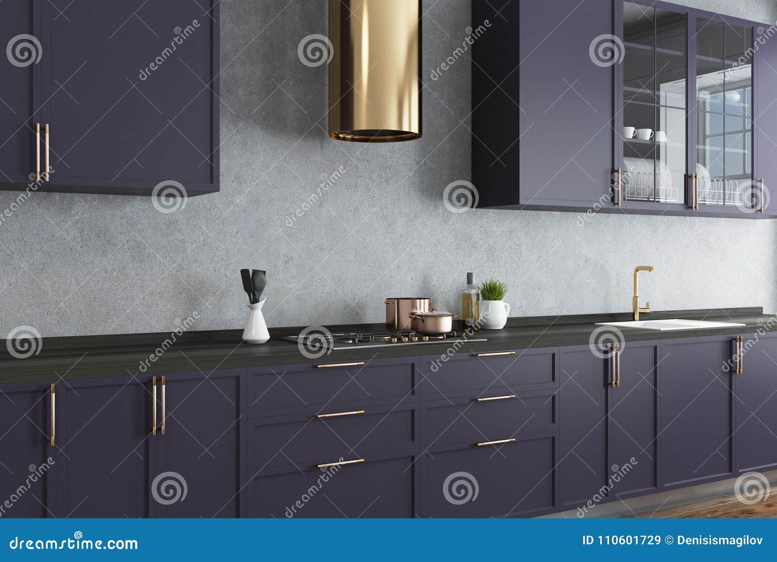 Concrete Wall Kitchen Purple Countertops Close Up Stock