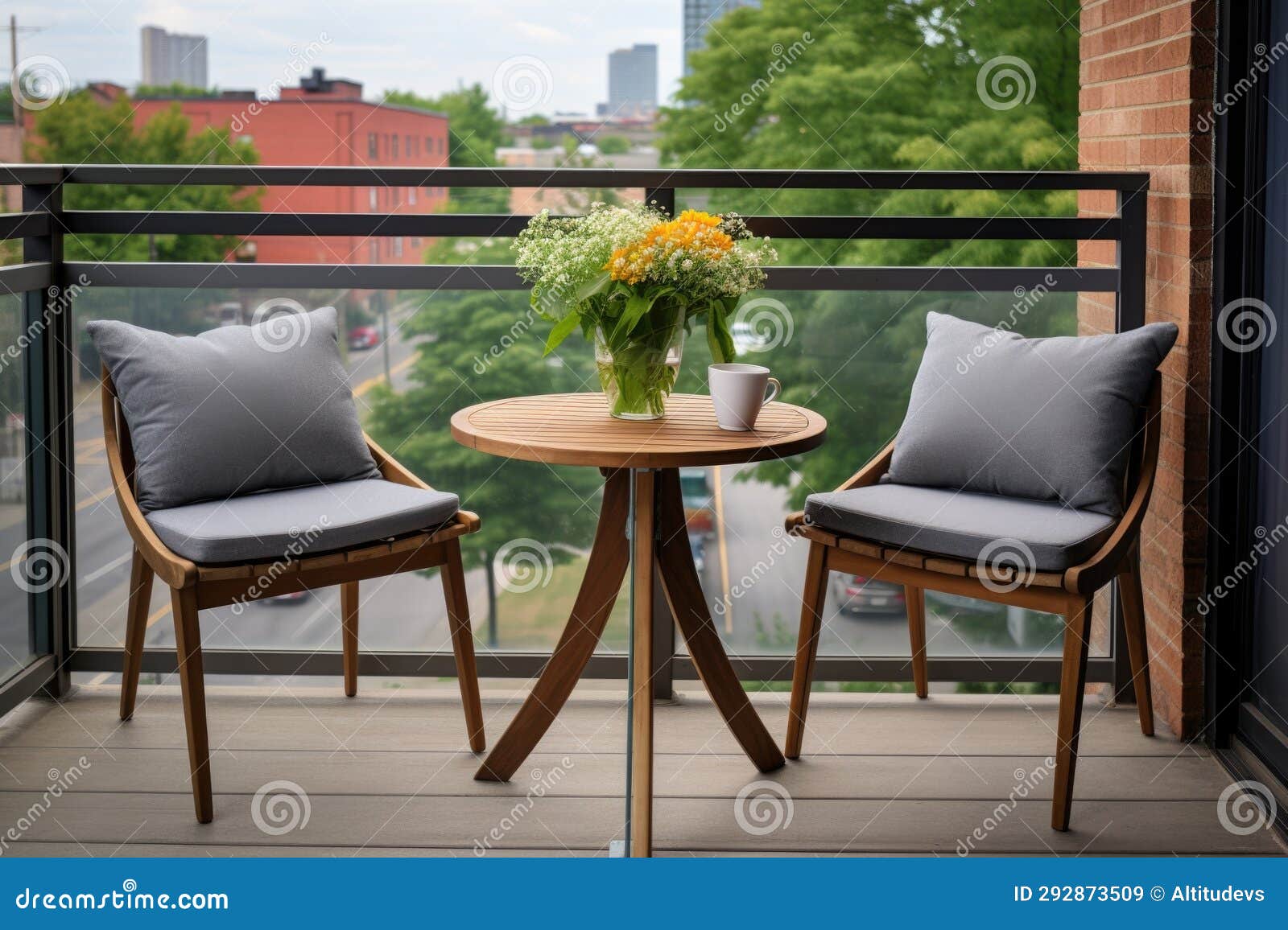 A Condo Balcony with Coffee Table and Two Chairs Stock Image Image of