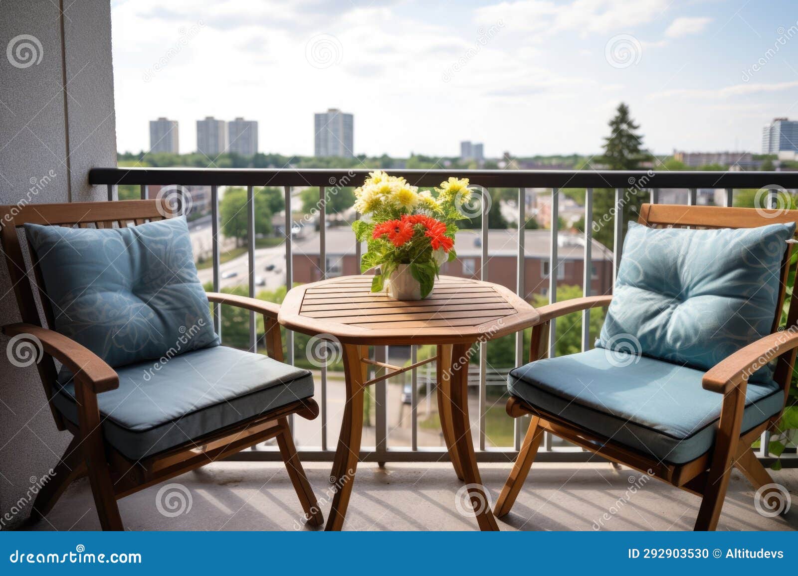 A Condo Balcony with Coffee Table and Two Chairs Stock Photo Image of