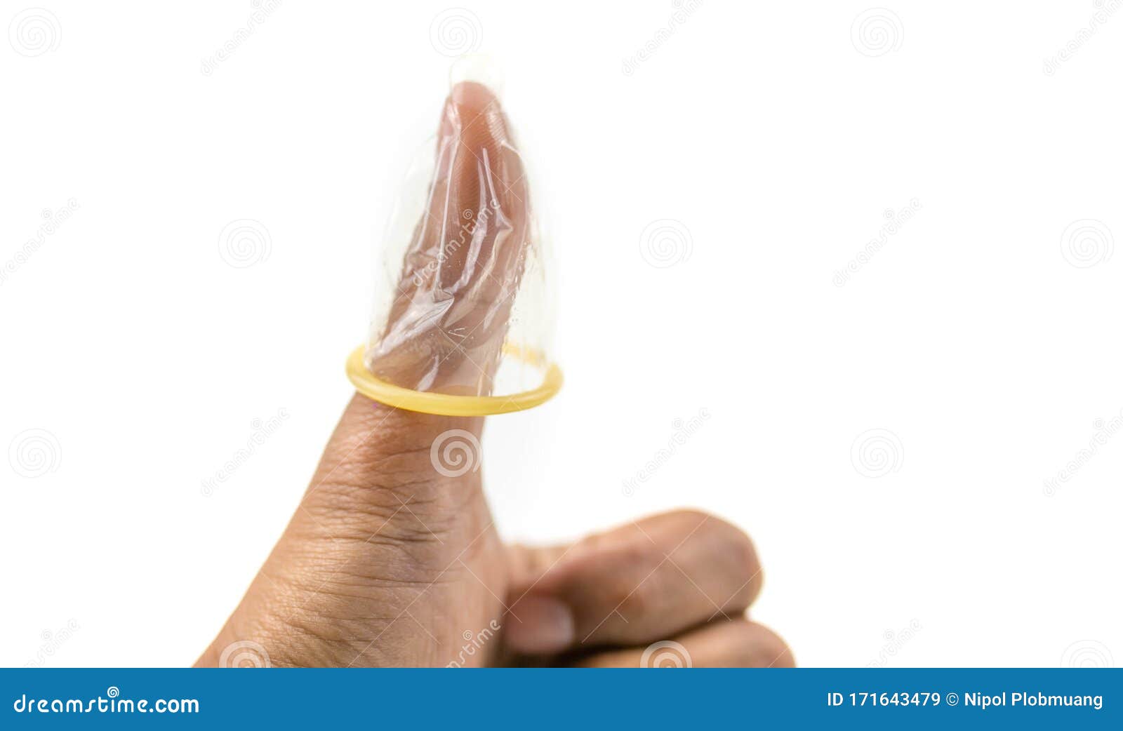 Condom in Men Finger on White Background, Safe Sex Concept