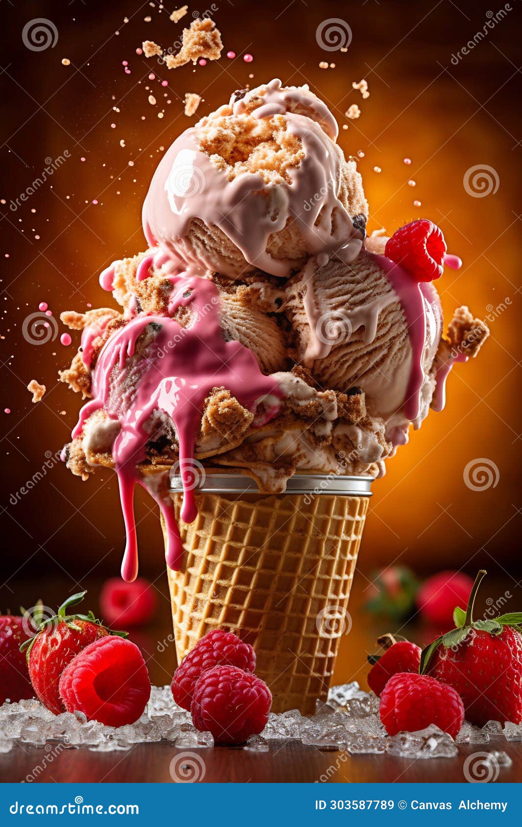 A Cone Ice Cream and Berries in a Color Explosion Stock Image Image