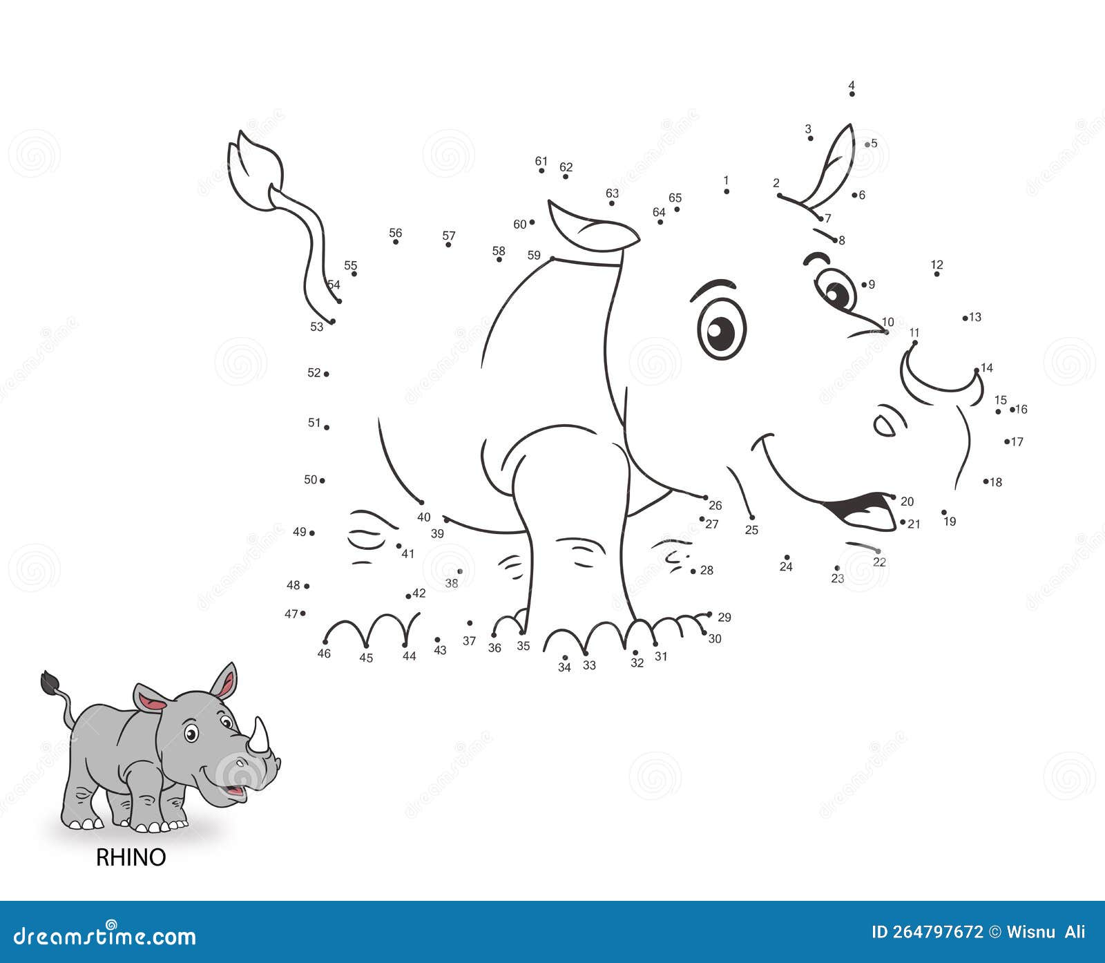Jogo de colorir com números para crianças rinoceronte fofo com